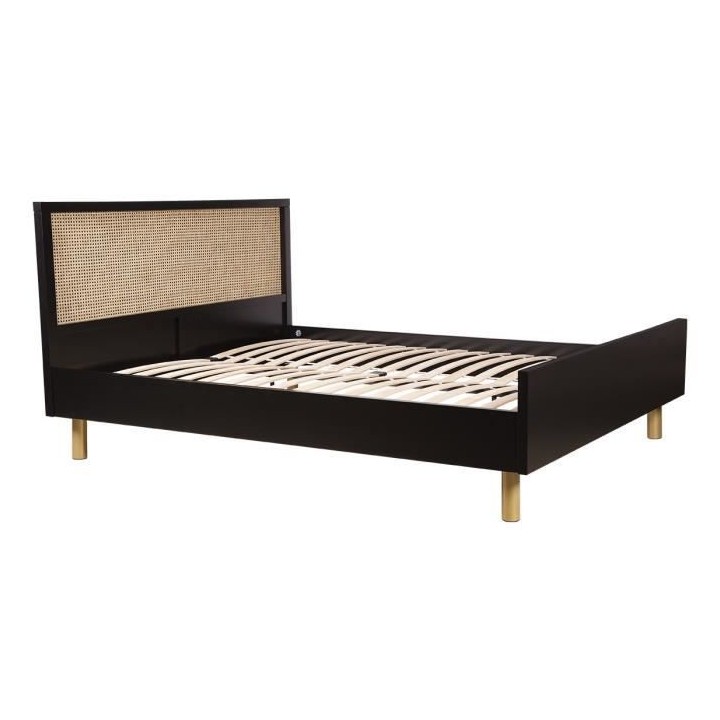 Lit 160x200 cm - En MDF laqué noir et cannage de rotin naturel - HARR