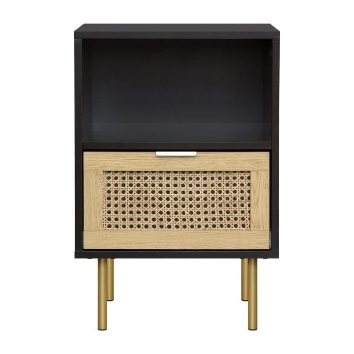 Table de chevet - En MDF laqué noir et cannage de rotin naturel - HAR