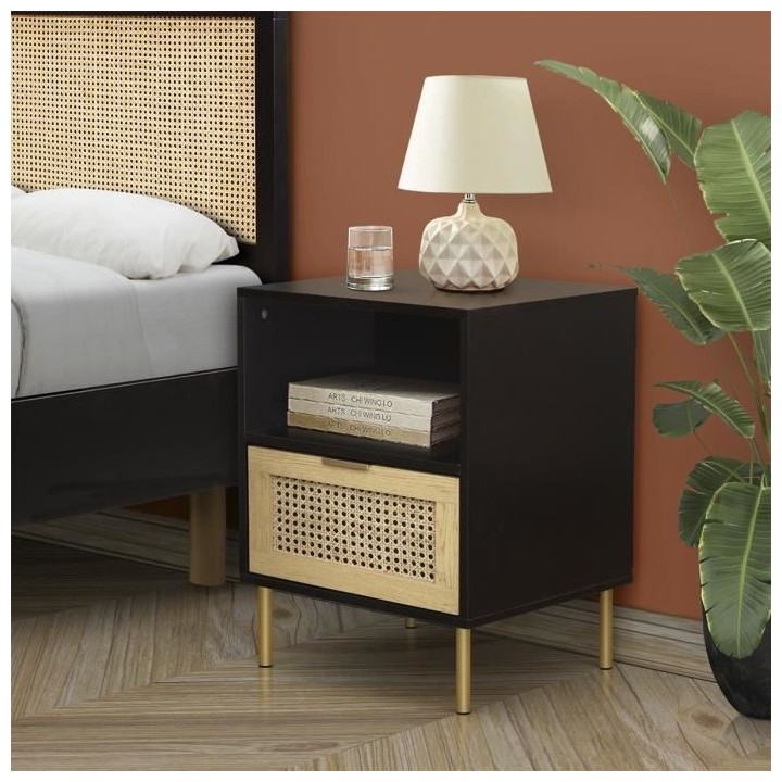 Table de chevet - En MDF laqué noir et cannage de rotin naturel - HAR