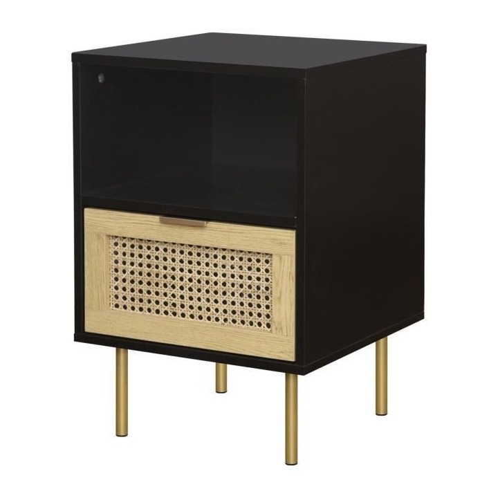 Table de chevet - En MDF laqué noir et cannage de rotin naturel - HAR