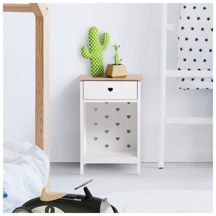 Table de chevet enfant 1 tiroir - Décor Chene et laqué blanc - MDF e