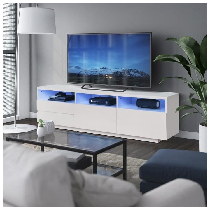 Meuble TV LED - MDF- Blanc laqué - 2 portes et 2 tiroirs- L 165 cm -