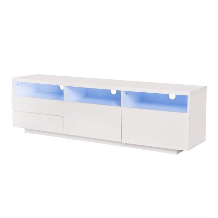 Meuble TV LED - MDF- Blanc laqué - 2 portes et 2 tiroirs- L 165 cm -