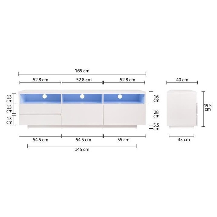 Meuble TV LED - MDF- Blanc laqué - 2 portes et 2 tiroirs- L 165 cm -