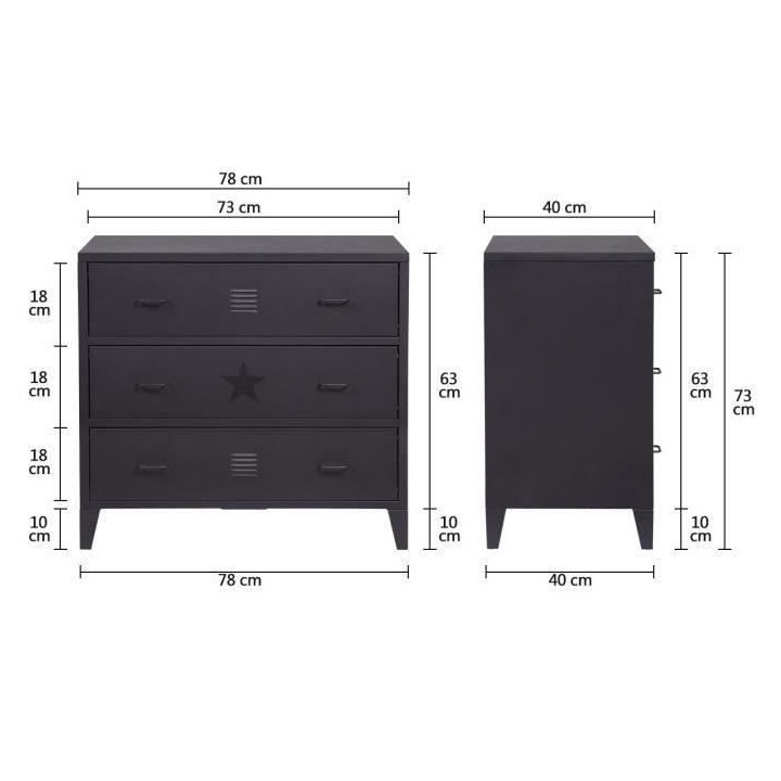 Commode enfant 3 tiroirs - En métal - Noir - L78 x P40 x H73 cm - MOD