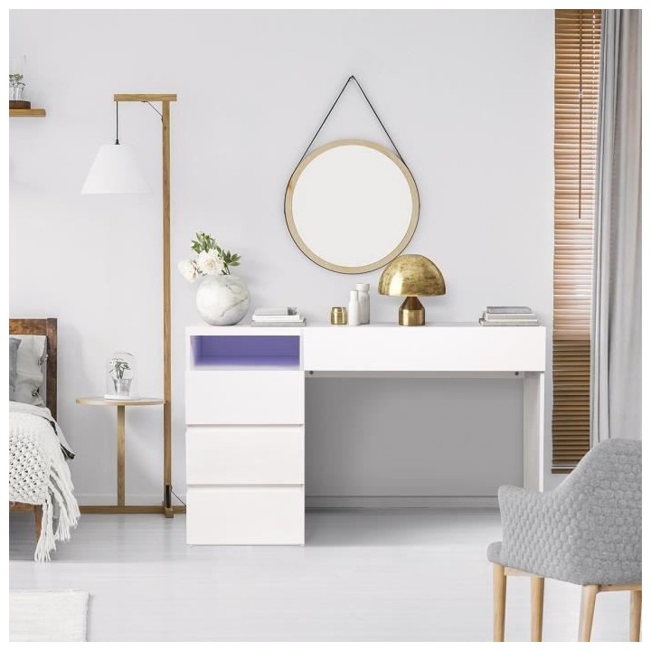 Bureau LUX - MDF- Blanc - 4 tiroirs et 1 niche + LED- -L 120 x P 59 x