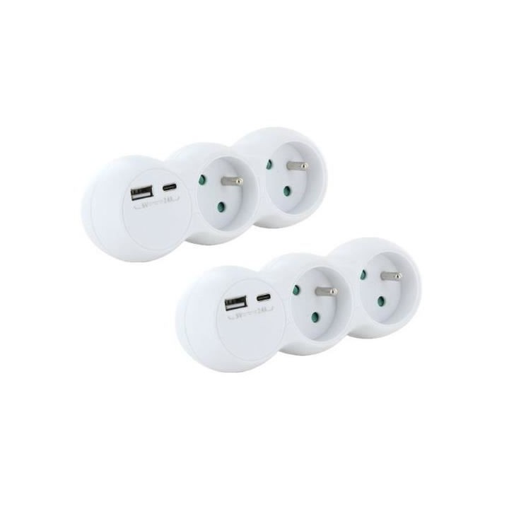 Lot 2 domino CHACON - 47002 - 2x16A avec USB-A +USB-C - Blanc (FR)