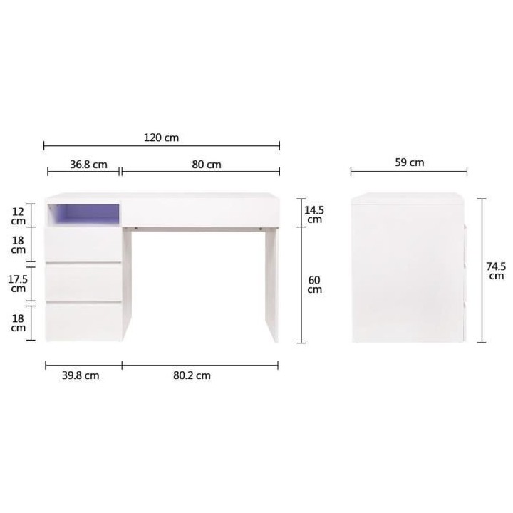 Bureau LUX - MDF- Blanc - 4 tiroirs et 1 niche + LED- -L 120 x P 59 x