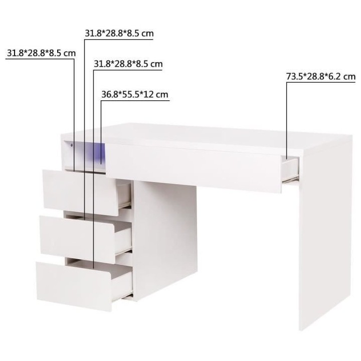 Bureau LUX - MDF- Blanc - 4 tiroirs et 1 niche + LED- -L 120 x P 59 x