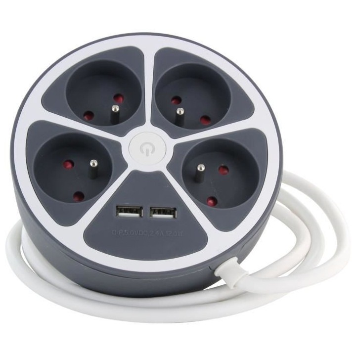 Bloc cercle - CHACON - 4 x16 A + 2 USB-1 - 1,5 m - (FR) - Gris