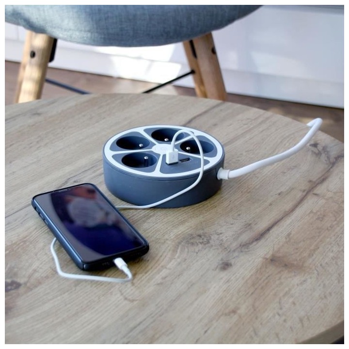 Bloc cercle - CHACON - 4 x16 A + 2 USB-1 - 1,5 m - (FR) - Gris