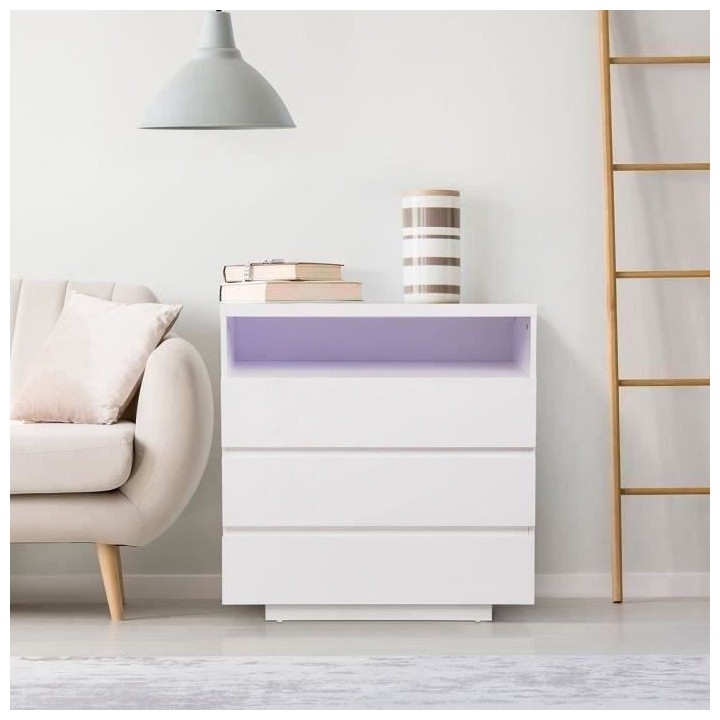 Commode LUX - 3 tiroirs et 1 niche + LED - Blanc - L 75 x P 40 x H 77