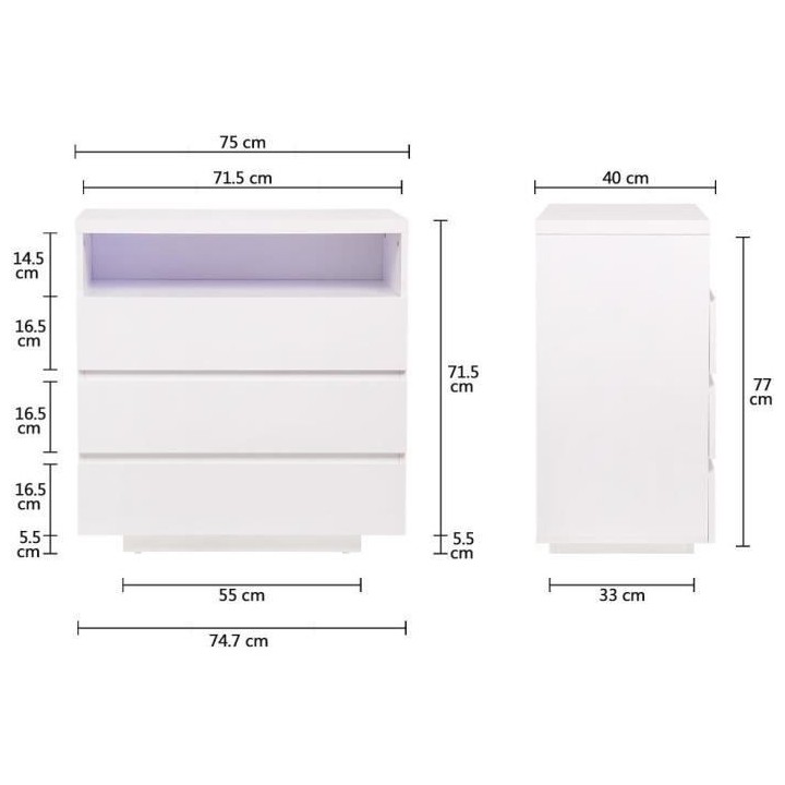 Commode LUX - 3 tiroirs et 1 niche + LED - Blanc - L 75 x P 40 x H 77