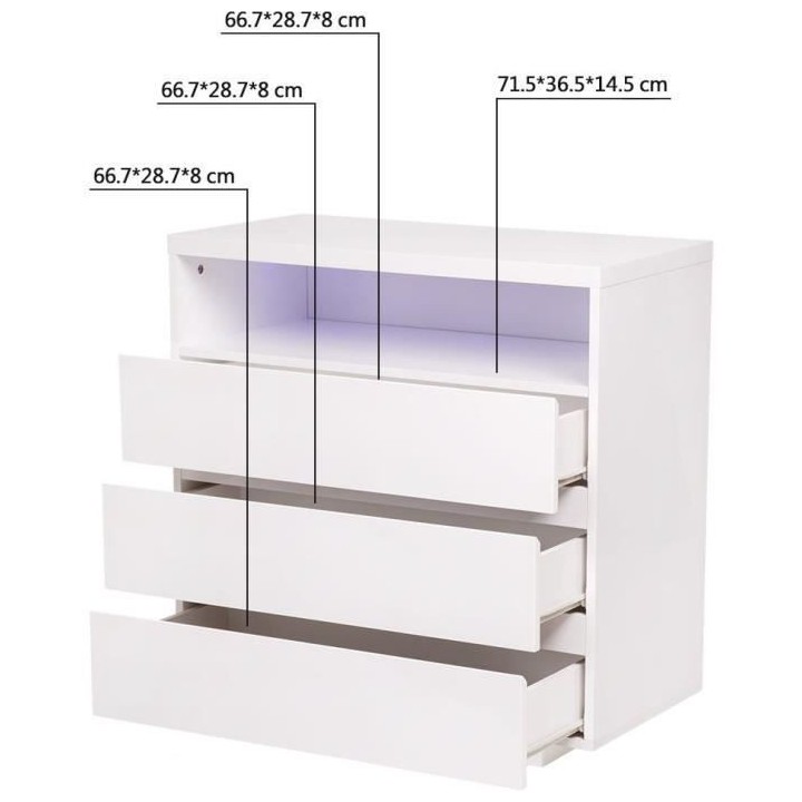 Commode LUX - 3 tiroirs et 1 niche + LED - Blanc - L 75 x P 40 x H 77