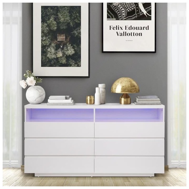Commode LUX - 6 tiroirs et 2 niches + LED - Blanc - L 150 x P 40 x H 7