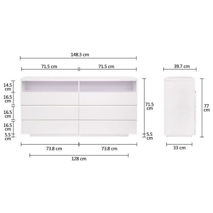 Commode LUX - 6 tiroirs et 2 niches + LED - Blanc - L 150 x P 40 x H 7