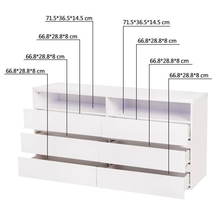 Commode LUX - 6 tiroirs et 2 niches + LED - Blanc - L 150 x P 40 x H 7