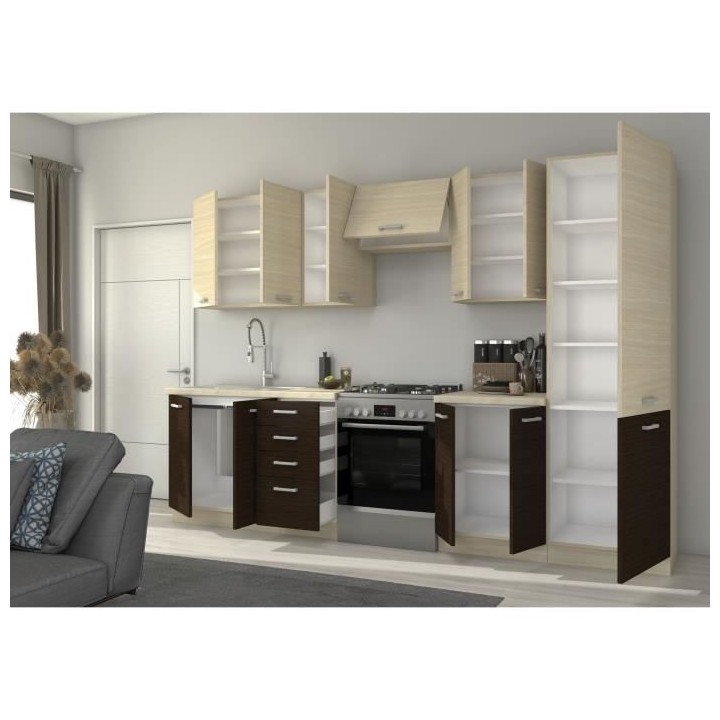 CHAMONIX Cuisine complete 300cm 8 éléments - Décor chene clair - L3