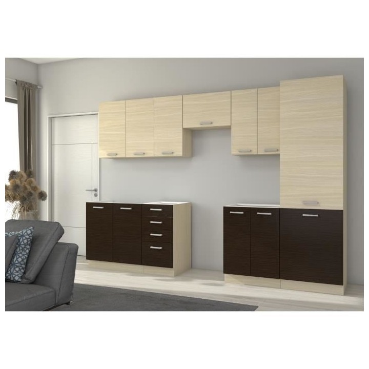CHAMONIX Cuisine complete 300cm 8 éléments - Décor chene clair - L3