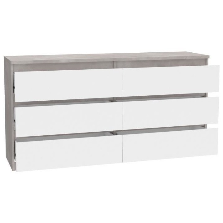 Commode CHELSEA 6 Tiroirs - Couleur blanc/béton clair - L 154 x P 42,