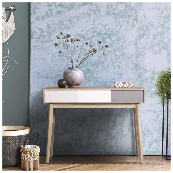 Console avec 3 tiroirs - Scandinave - NEW SOFIA - Chene Blanc Gris Mot