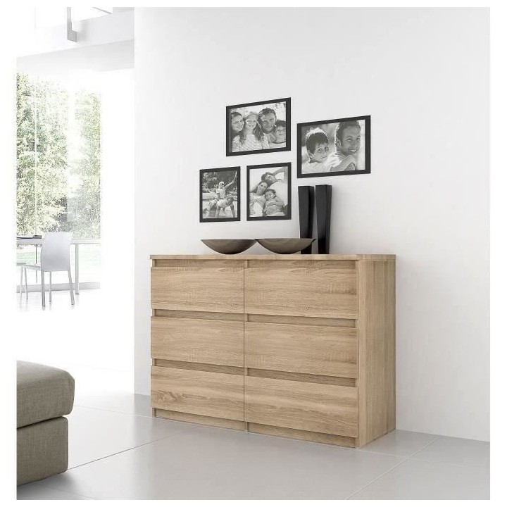 Commode CHELSEA 6 Tiroirs - Couleur chene - L 154 x P 42,2 x H 79,9 cm