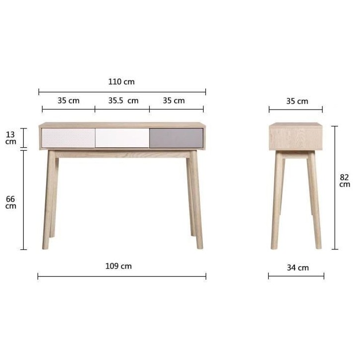 Console avec 3 tiroirs - Scandinave - NEW SOFIA - Chene Blanc Gris Mot