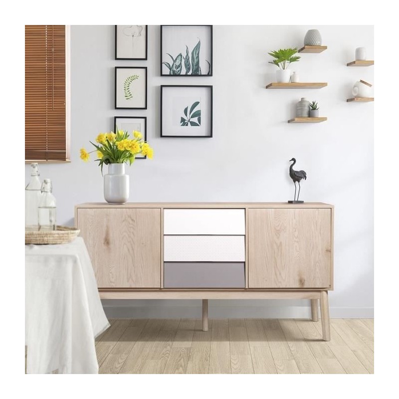 Buffet SOFIA - 2 portes 3 tiroirs - Chene Blanc Gris Motif - Scandinave - L 150 x P 40 x H 80 cm