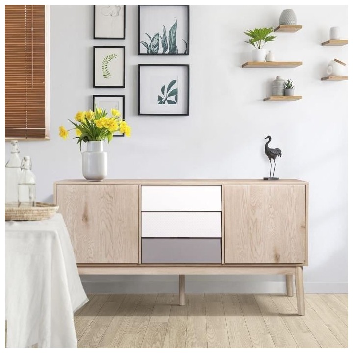 Buffet SOFIA - 2 portes 3 tiroirs - Chene Blanc Gris Motif - Scandinav