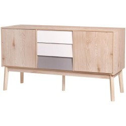 Buffet SOFIA - 2 portes 3 tiroirs - Chene Blanc Gris Motif - Scandinave - L 150 x P 40 x H 80 cm