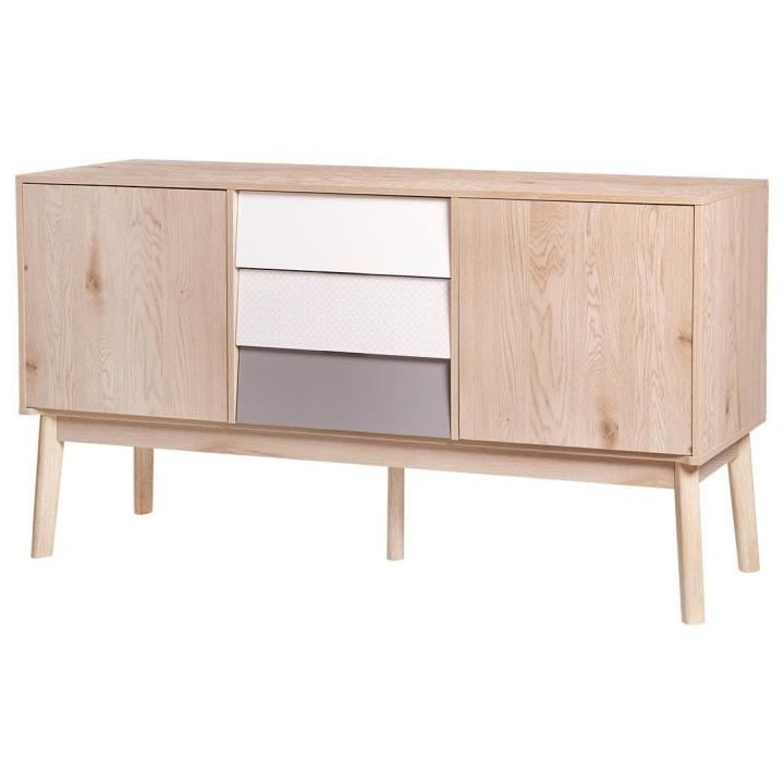 Buffet SOFIA - 2 portes 3 tiroirs - Chene Blanc Gris Motif - Scandinav