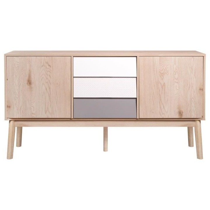 Buffet SOFIA - 2 portes 3 tiroirs - Chene Blanc Gris Motif - Scandinav