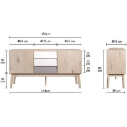 Buffet SOFIA - 2 portes 3 tiroirs - Chene Blanc Gris Motif - Scandinave - L 150 x P 40 x H 80 cm