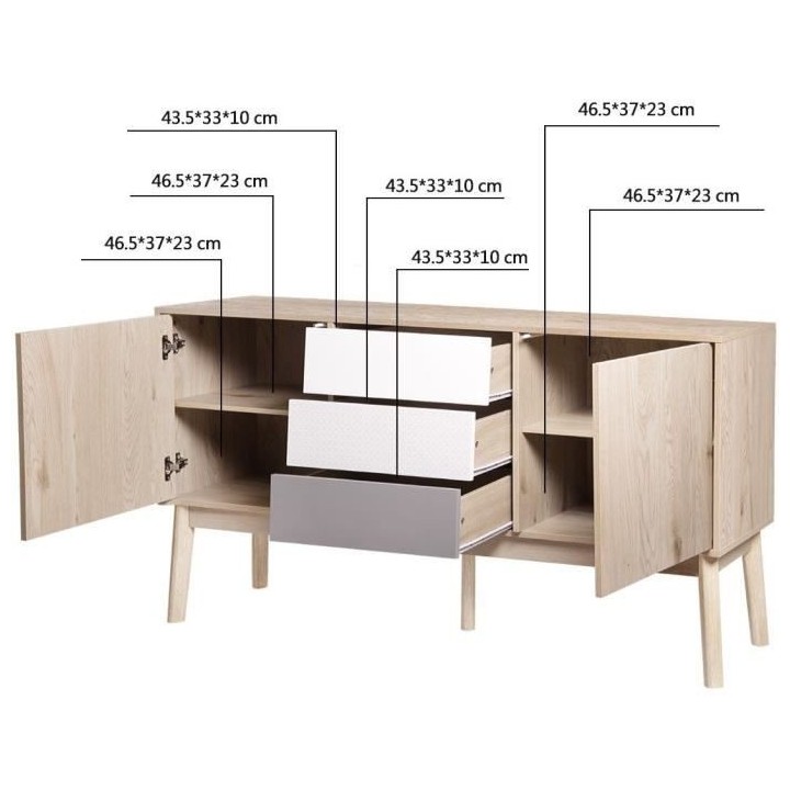 Buffet SOFIA - 2 portes 3 tiroirs - Chene Blanc Gris Motif - Scandinav