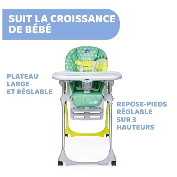 Chaise haute réglable CHICCO - Polly Easy Crocodile - Assise large et