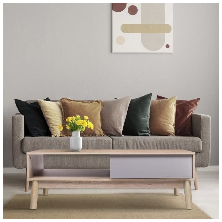 Table basse 2 tiroirs - Chene et Blanc avec motifs - Scandinave - L 12