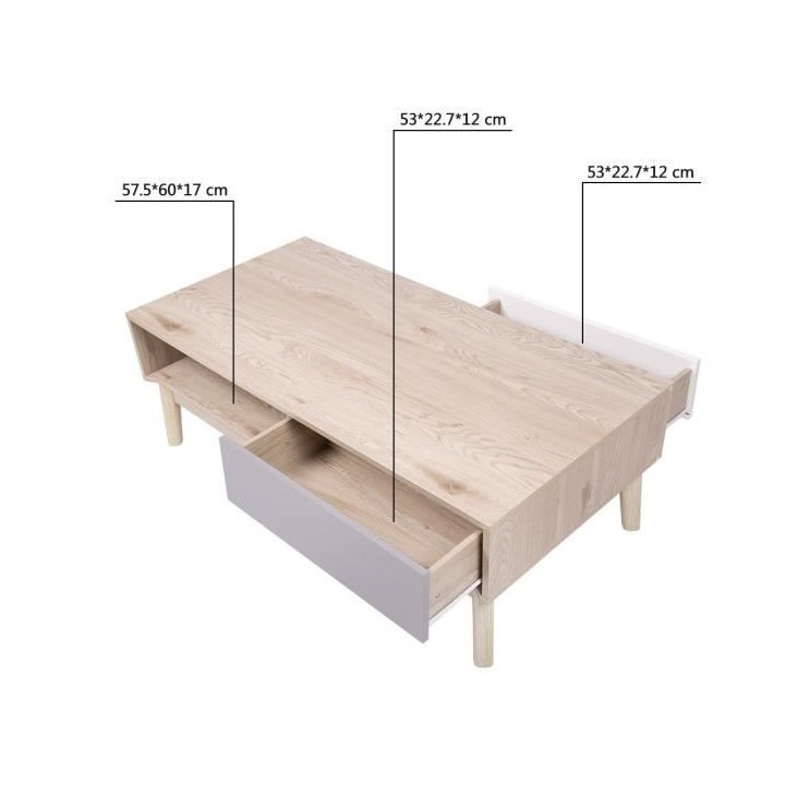 Table basse 2 tiroirs - Chene et Blanc avec motifs - Scandinave - L 12