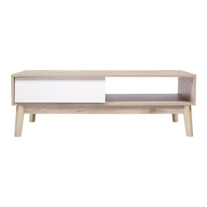 Table basse 2 tiroirs - Chene et Blanc avec motifs - Scandinave - L 12