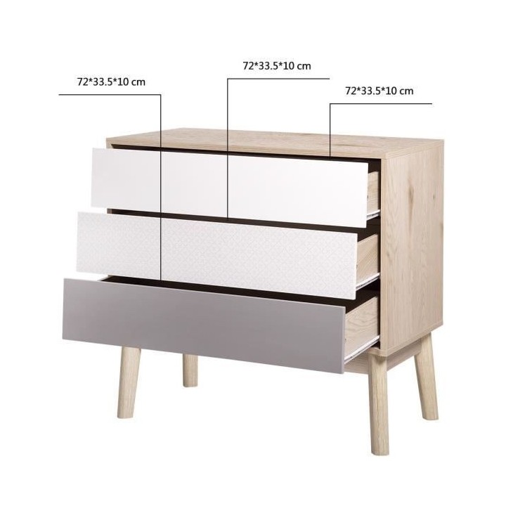 Commode avec 3 tiroirs - En panneaux de particules et MDF - Chene Blan