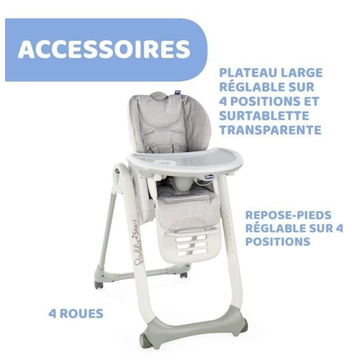 CHICCO Chaise Haute Polly 2 Start - 4 Roues happy silver