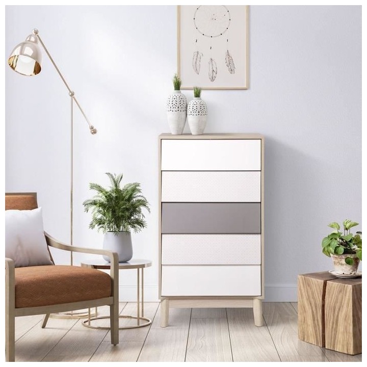 NEW SOFIA Chiffonnier - 5 tiroirs - Panneaux de particules - Chene Bla