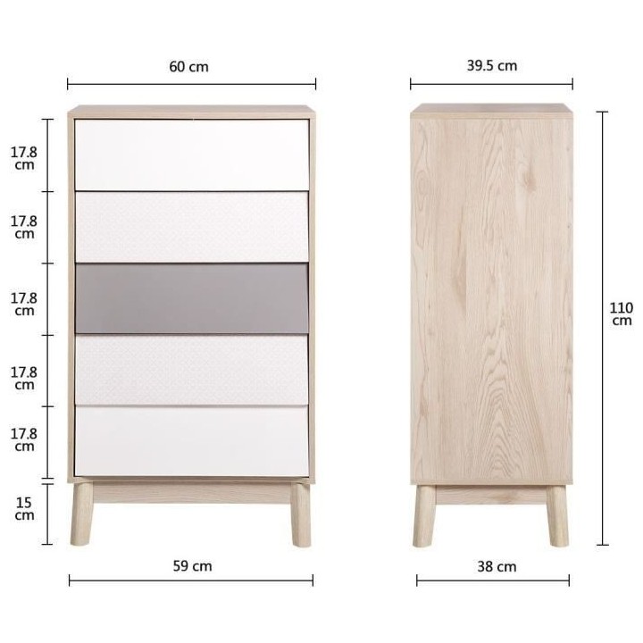 NEW SOFIA Chiffonnier - 5 tiroirs - Panneaux de particules - Chene Bla