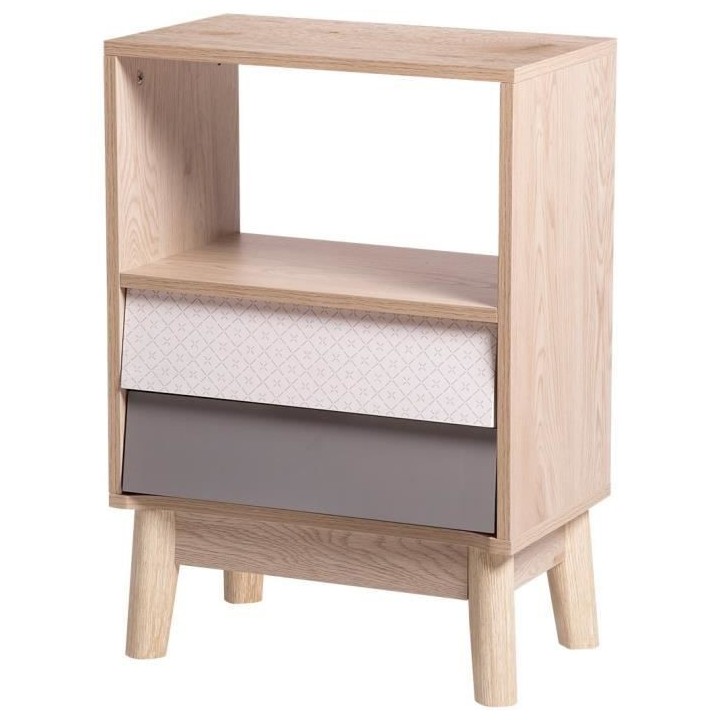 Chevet 2 tiroirs NEW SOFIA - Chene Blanc Gris Motifs - Scandinave L 45