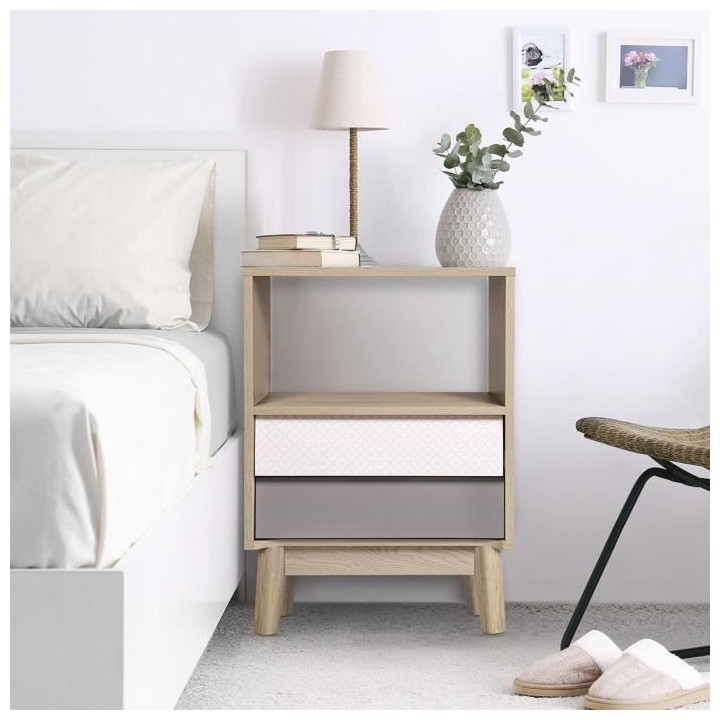Chevet 2 tiroirs NEW SOFIA - Chene Blanc Gris Motifs - Scandinave L 45