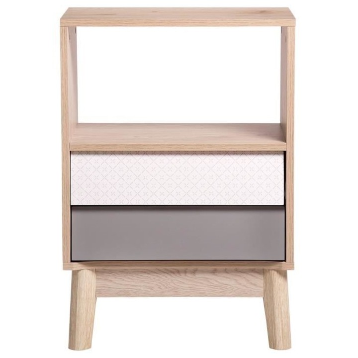 Chevet 2 tiroirs NEW SOFIA - Chene Blanc Gris Motifs - Scandinave L 45