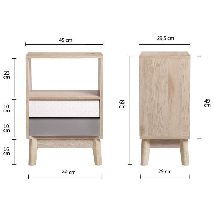 Chevet 2 tiroirs NEW SOFIA - Chene Blanc Gris Motifs - Scandinave L 45