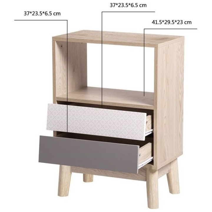 Chevet 2 tiroirs NEW SOFIA - Chene Blanc Gris Motifs - Scandinave L 45