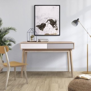 Bureau avec 2 tiroirs - Scandinave - NEW SOFIA - Chene Blanc Gris Moti
