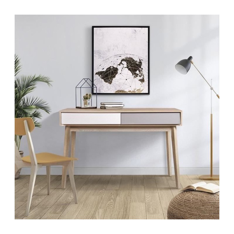 Bureau avec 2 tiroirs - Scandinave - NEW SOFIA - Chene Blanc Gris Motifs - L 120 x P 55 x H 78 cm