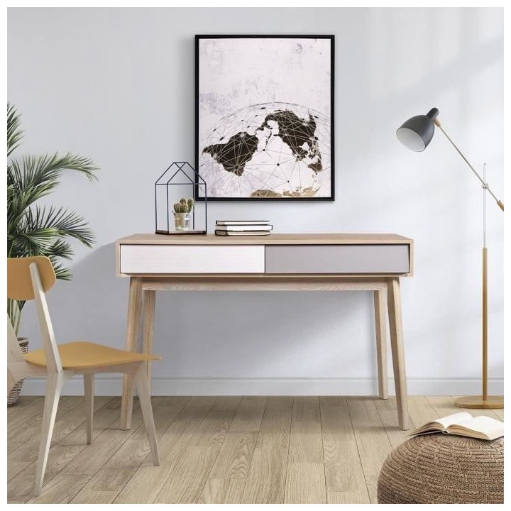 Bureau avec 2 tiroirs - Scandinave - NEW SOFIA - Chene Blanc Gris Moti